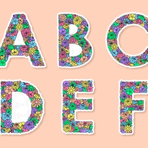 Peach background with A to F of the floral letter sticker designs spaced across. Each letter a variety of flowers & leaves in the shape of each letter of the alphabet, the flowers & leaves in a variety of colours.