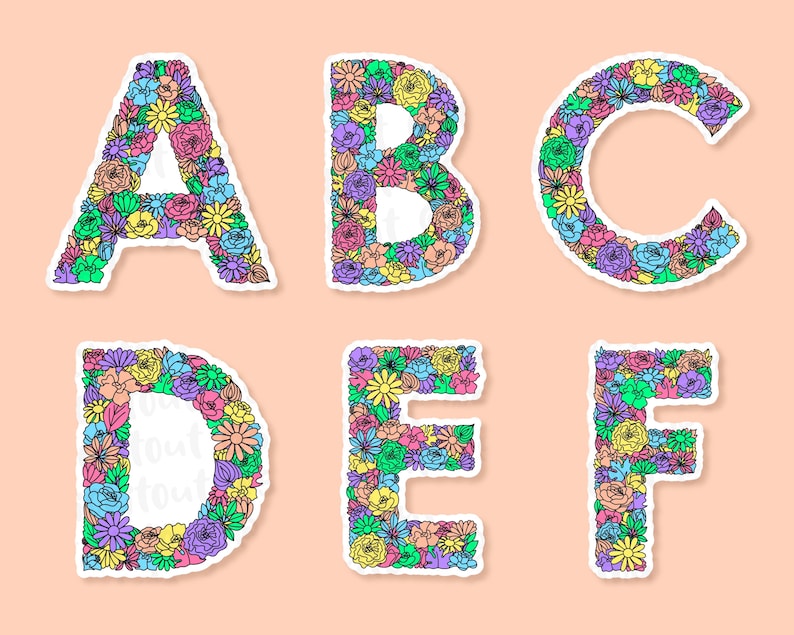 Peach background with A to F of the floral letter sticker designs spaced across. Each letter a variety of flowers & leaves in the shape of each letter of the alphabet, the flowers & leaves in a variety of colours.