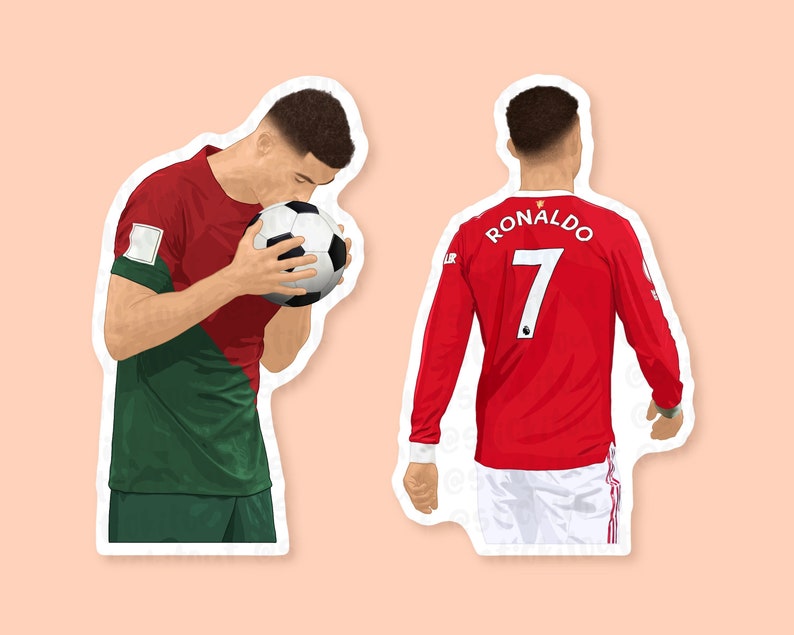 Peach background showing both sticker designs of Portuguese footballer Cristiano Ronaldo.