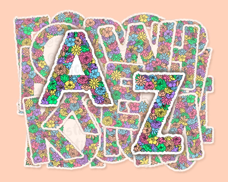 Peach background showing each floral letter design layered atop each other across the screen, with A & Z highlighted to stand out above the rest.