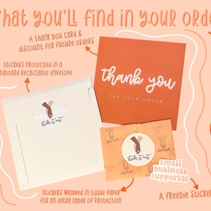 Peach background showing the contents of an Etsy order placed on my shop. The envelope it arrives in, thank you card & stickers wrapped in tissue paper.