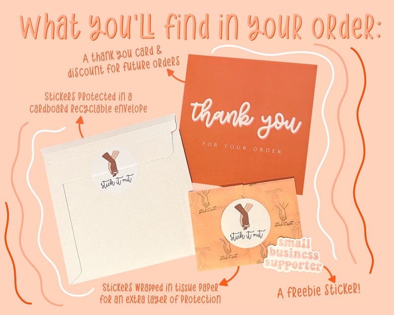 Peach background showing the contents of an Etsy order placed on my shop. The envelope it arrives in, thank you card & stickers wrapped in tissue paper.