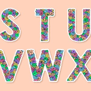 Peach background with S to X of the floral letter sticker designs spaced across. Each letter a variety of flowers & leaves in the shape of each letter of the alphabet, the flowers & leaves in a variety of colours.