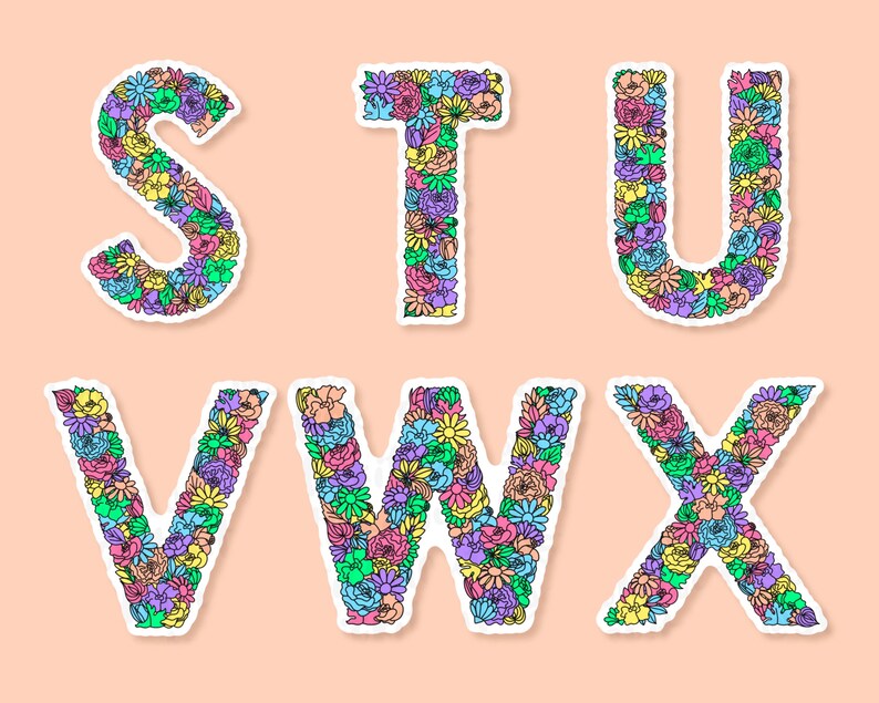 Peach background with S to X of the floral letter sticker designs spaced across. Each letter a variety of flowers & leaves in the shape of each letter of the alphabet, the flowers & leaves in a variety of colours.