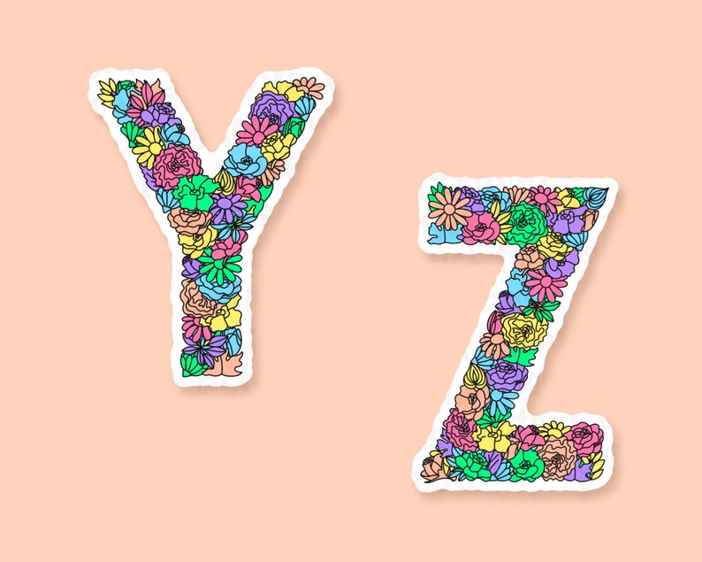 Peach background with Y & Z of the floral letter sticker designs spaced across. Each letter a variety of flowers & leaves in the shape of each letter of the alphabet, the flowers & leaves in a variety of colours.