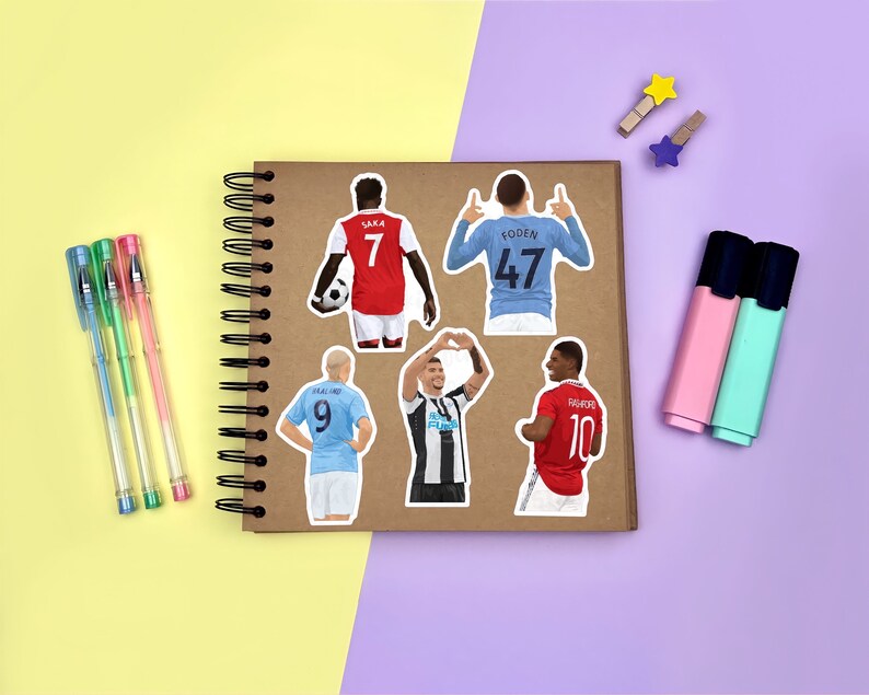Yellow & purple background with a brown scrapbook in the centre, gel pens & highlighters placed around it. Several stickers featuring men’s footballers on the scrapbook page for size reference.