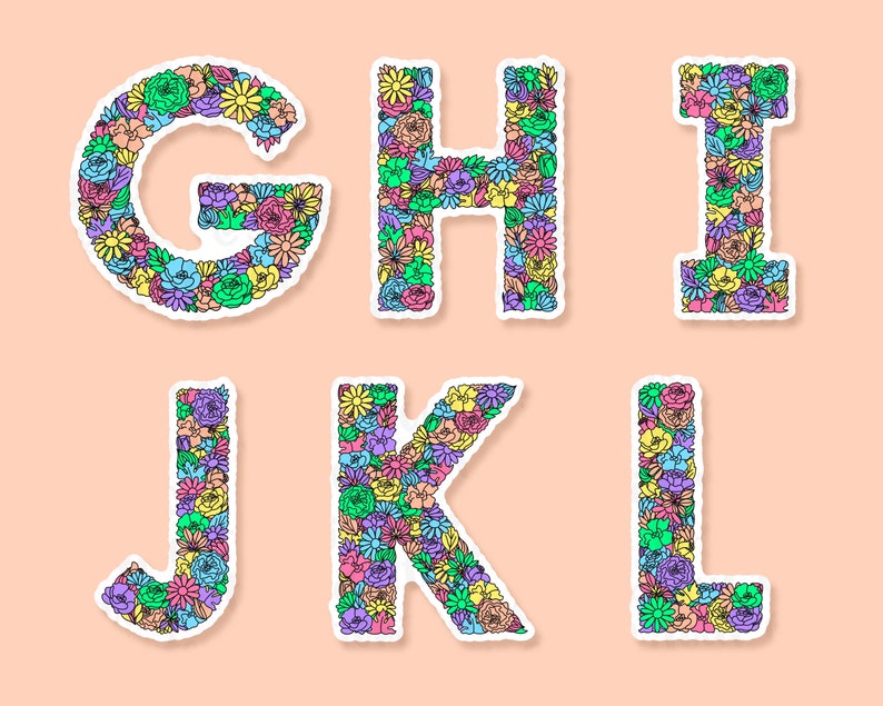 Peach background with G to L of the floral letter sticker designs spaced across. Each letter a variety of flowers & leaves in the shape of each letter of the alphabet, the flowers & leaves in a variety of colours.