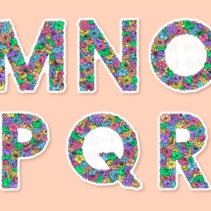 Peach background with M to R of the floral letter sticker designs spaced across. Each letter a variety of flowers & leaves in the shape of each letter of the alphabet, the flowers & leaves in a variety of colours.