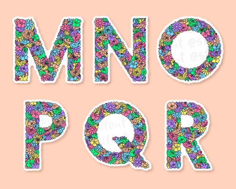 Peach background with M to R of the floral letter sticker designs spaced across. Each letter a variety of flowers & leaves in the shape of each letter of the alphabet, the flowers & leaves in a variety of colours.