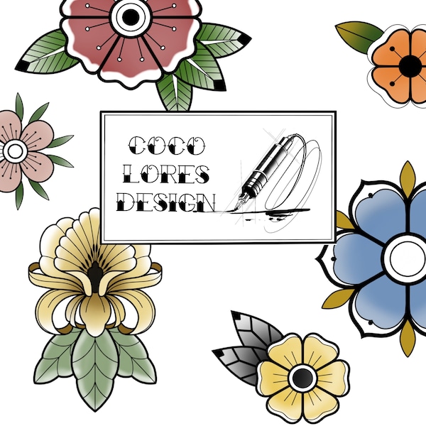 70 oldschool Newschool Flowers Tattoo procreate brosses