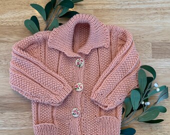 Hand Knit Baby Sweater with Rose Buttons and Pockets in Burn Orange (Baby Girl 3-6 months)