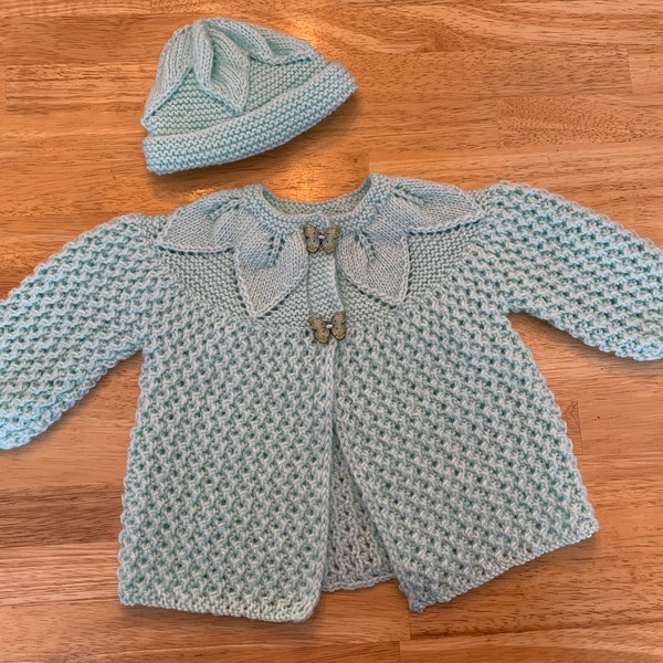 Hand Knit Baby Sweater with Butterfly Buttons with Matching Hat (Baby Girl, 6 months - 1 year)