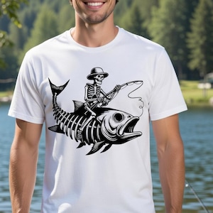 Esqueleto de pescador divertido montando un pez SVG PNG (Descarga digital)
