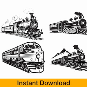 May include: Four black and white illustrations of vintage steam locomotives. The locomotives are shown in various poses, including pulling passenger cars and traveling through mountainous terrain.