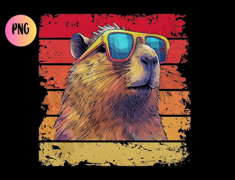 May include: A graphic illustration of a capybara wearing yellow-framed sunglasses with blue lenses. The background features horizontal stripes in red, orange, and yellow with a distressed, weathered texture. The letters PNG appear in a circle.