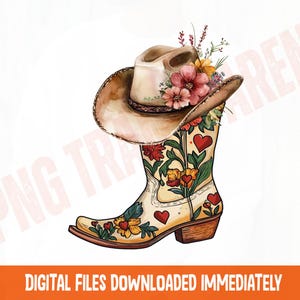 Western Cowboy Hat & Boot PNG: Floral Sublimation Design
