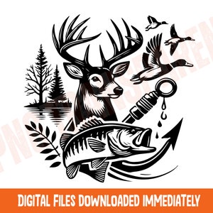 Hirsch Fisch Baum Szene am Angelhaken svg png, Jagd svg Designs, Camping svg, Angelabenteuer svg, Enten svg
