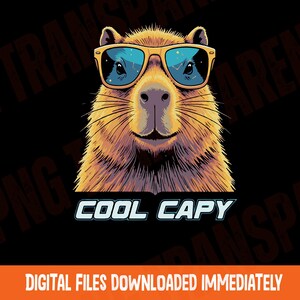 May include: A digital illustration of a brown capybara wearing yellow-rimmed sunglasses with blue lenses. The capybara is centered against a black background. Below the animal, the text COOL CAPY is written in a bold, light blue sans-serif font.