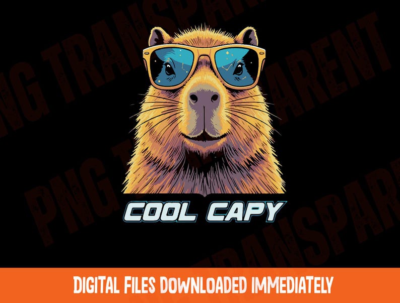 May include: A digital illustration of a brown capybara wearing yellow-rimmed sunglasses with blue lenses. The capybara is centered against a black background. Below the animal, the text COOL CAPY is written in a bold, light blue sans-serif font.