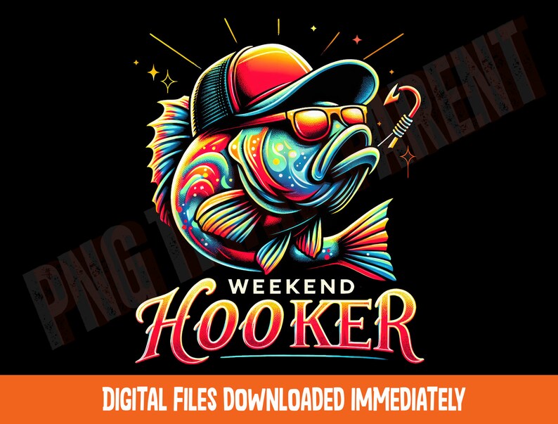 Weekend Hooker Fishing PNG Design | Funny Bass Clipart | Retro Angler Sublimation Art | Colorful Fish Printable File | Instant Download Bass Fishing PNG | Weekend Hooker Quote Clipart | Neon Fish Digital Art | Funny Angler Sublimation Design | Download Now