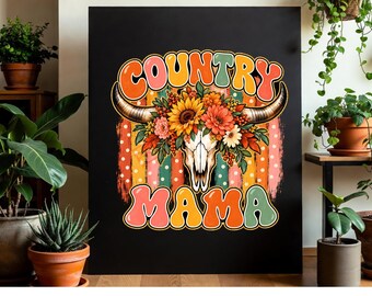 Country Mama PNG with Western Mama and Cowgirl Mama Style Featuring Retro Cow Skull Design for Country Loving Moms png