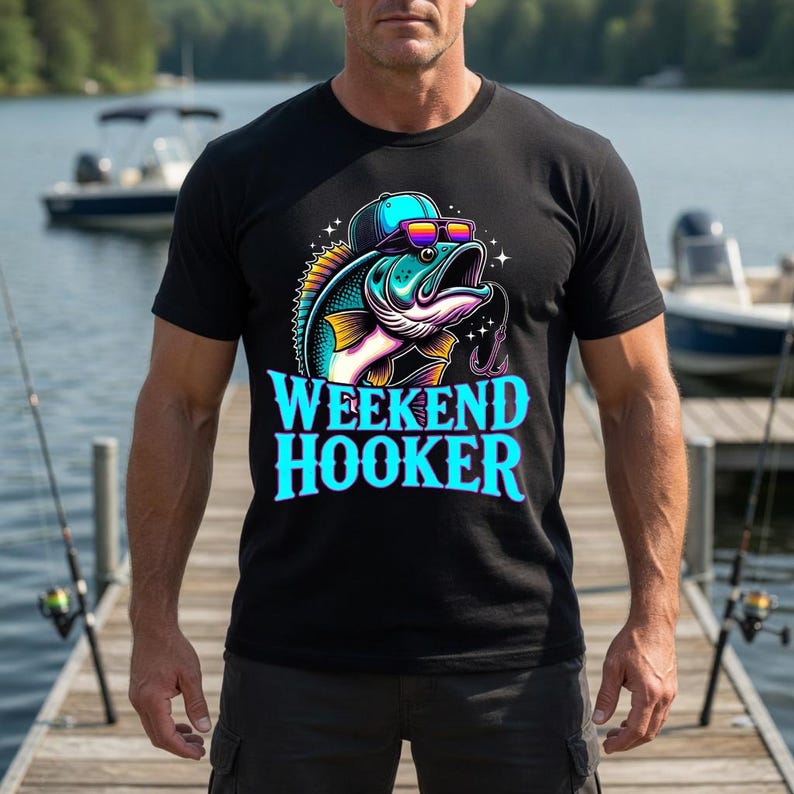 May include: Black t-shirt featuring a colorful graphic of a fish wearing sunglasses and a hat, with the text "WEEKEND HOOKER" in blue and white. The image is set against a lake backdrop.