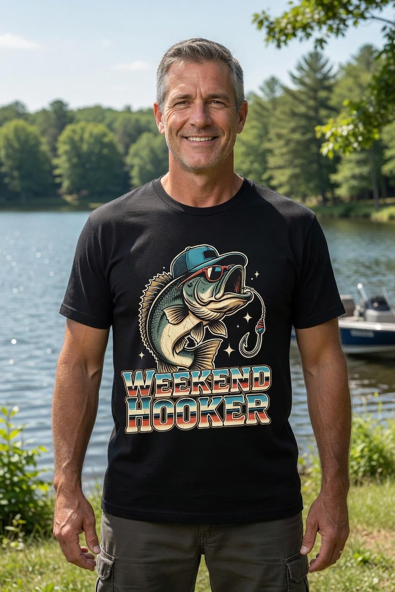 May include: Black t-shirt with a graphic of a fish wearing sunglasses and a hat, holding a fishing hook. The text "WEEKEND HOOKER" is below the fish in a retro font. A man is wearing the shirt in front of a lake.