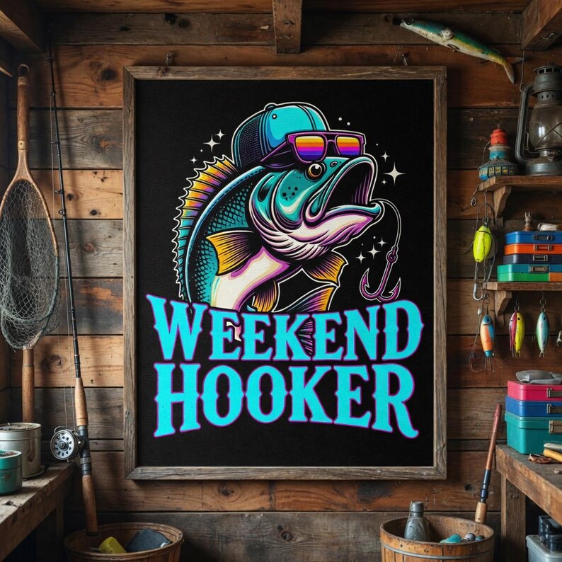 May include: A framed black poster with a cartoon fish wearing sunglasses and a hat, with the words "WEEKEND HOOKER" in blue. The fish is teal, yellow, and purple. The background is a wooden wall with fishing gear.