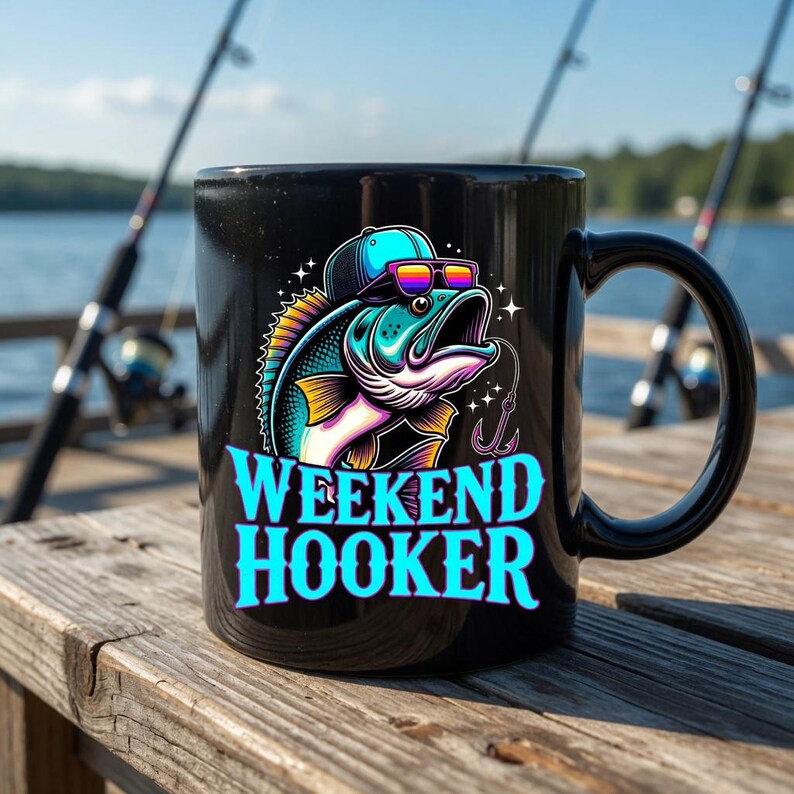 May include: Black ceramic mug featuring a colorful illustration of a fish wearing sunglasses and a cap, with the words "WEEKEND HOOKER" in turquoise. Fishing rods are visible in the background, suggesting a fishing theme.