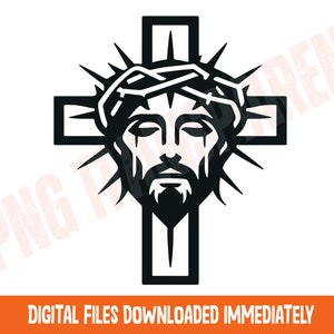 Puede incluir: Silueta en blanco y negro de un rostro con una corona de espinas, superpuesta a una cruz. La imagen es un símbolo religioso que representa a Jesucristo.