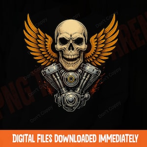 Winged Skull Motorcycle Engine PNG: Biker Art Sublimation Design