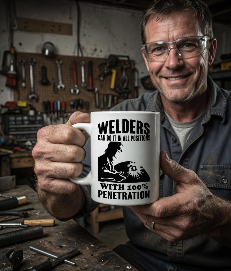 Pu&ograve; includere: Tazza in ceramica bianca con la scritta "WELDERS CAN DO IT IN ALL POSITIONS WITH 100% PENETRATION" in nero. La tazza presenta la silhouette di un saldatore al lavoro. La tazza &egrave; tenuta da una persona.