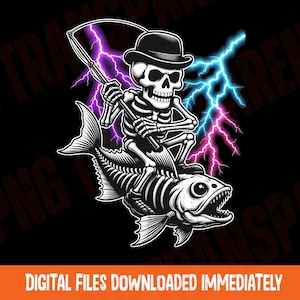Retro skelettfiskare PNG: Abborrfiskeskelett ridande fiskgrafik (digital fil)