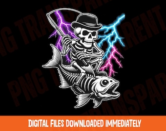 May include: A monochrome illustration of a skeleton in a bowler hat fishing from a skeleton fish, with purple and blue lightning. The text "DIGITAL FILES DOWNLOADED IMMEDIATELY" is at the bottom. Black background.