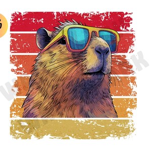 May include: A graphic illustration of a capybara wearing yellow-framed sunglasses with blue lenses. The capybara is set against a background of horizontal stripes in shades of red, orange, and yellow with a distressed, weathered texture.