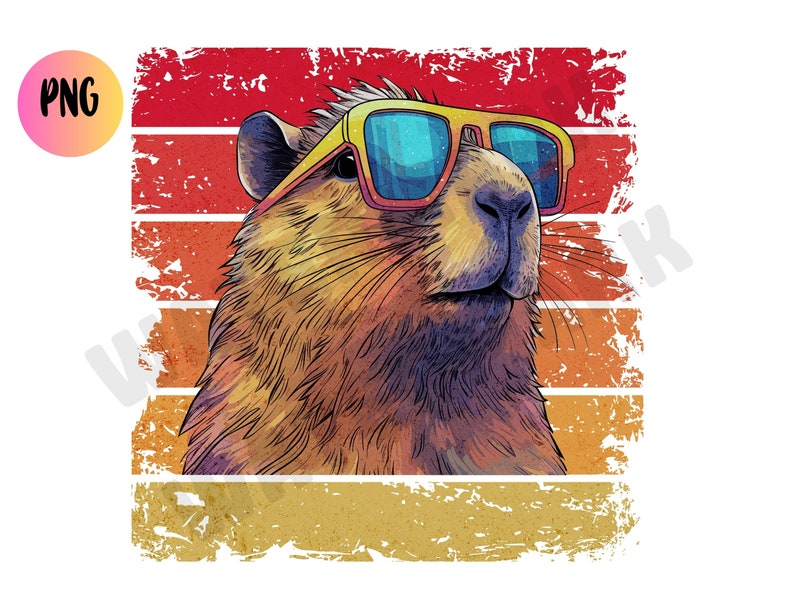 May include: A graphic illustration of a capybara wearing yellow-framed sunglasses with blue lenses. The capybara is set against a background of horizontal stripes in shades of red, orange, and yellow with a distressed, weathered texture.