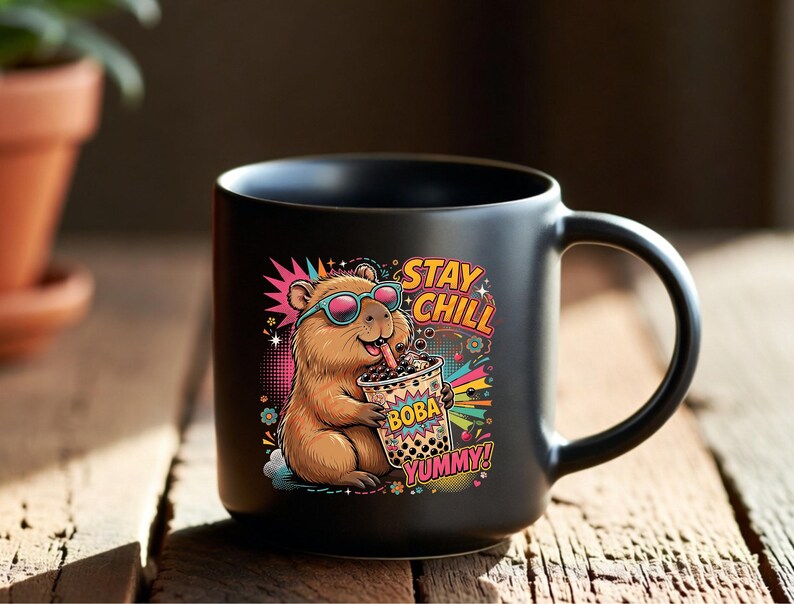 May include: A matte black ceramic mug featuring a colorful graphic of a brown capybara wearing teal sunglasses and drinking boba tea. The design includes the text "STAY CHILL" and "BOBA YUMMY" in bold, stylized lettering surrounded by vibrant, retro-inspired patterns.