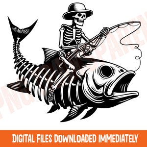 Pêcheur chevauchant des poissons svg, pêcheur squelette SVG, svg pêche drôle png, pêche amusante png