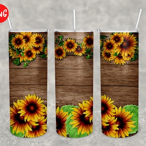 20 oz Skinny Tumbler Wood and Sunflower Sublimation Design Digital Download PNG