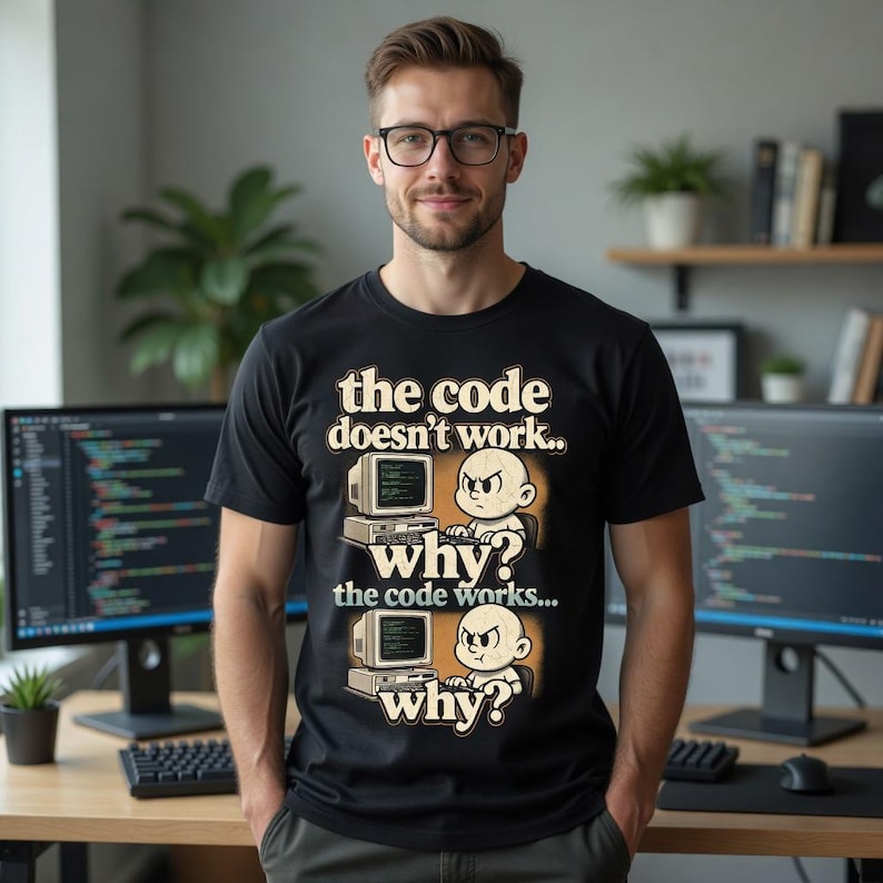 May include: Black t-shirt with the text "the code doesn't work... why? the code works... why?" and a cartoon graphic of a baby with an angry face in front of a computer. The person in the image is wearing glasses and is standing in front of two computer monitors.
