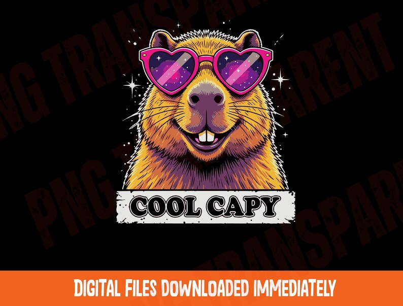May include: A graphic illustration of a brown capybara wearing pink heart-shaped sunglasses with a galaxy pattern inside the lenses. The capybara has a smiling expression with visible teeth. Below the animal is a white rectangular banner with the text COOL CAPY in black letters.