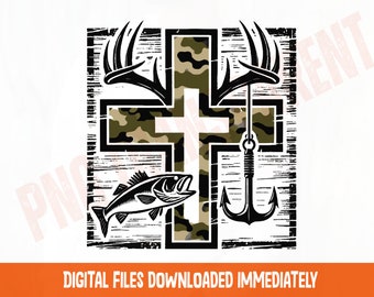May include: A digital design featuring a cross with a camouflage pattern center. Antlers are at the top, a fishing hook hangs from the cross, and a fish is on the left. The text "DIGITAL FILES DOWNLOADED IMMEDIATELY" is at the bottom.