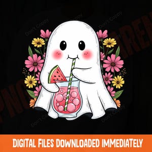Summerween Ghost PNG: Watermelon Drink, Retro Halloween Design (Digital Download