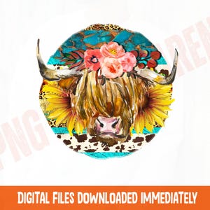 Western Cow PNG: Turquoise, Wood, Cowhide Sublimation Design (Digital Download)