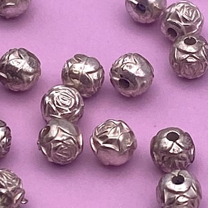 Vintage Plexi Rose Bud Beads 6mm: Antiqued Silver Tone Decorative Round Spacer, Lot of 100 pcs