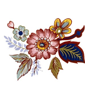 May include: A floral design with pink, blue, yellow, and green flowers. The flowers are surrounded by green leaves and a blue and gold leaf.
