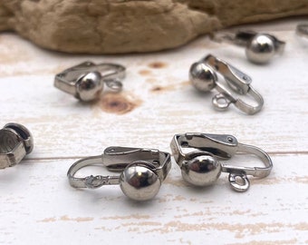 Silver Clip-on Earring Findings with Round Button: Vintage Jewelry Making Supplies (Lot of 12 pairs)