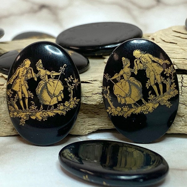 Cabochon Cameo "Provincial Couple, Kissing Hand": Oval Black Glass Inserts  (LOT OF 12)