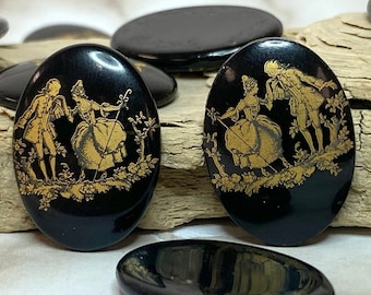 Romantic Couple Cameo on Black Glass: 24mm x 17.5mm Oval Cabochon Inserts (LOT OF 12)