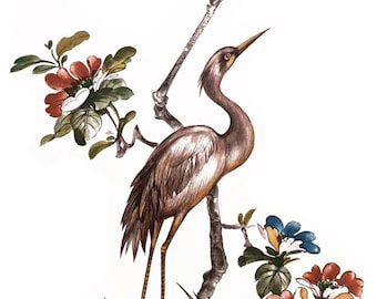 Crane Scene 9-3/4" Ceramic Decals: Vintage, Water Mount, Kiln-Fire (Lot of 4)